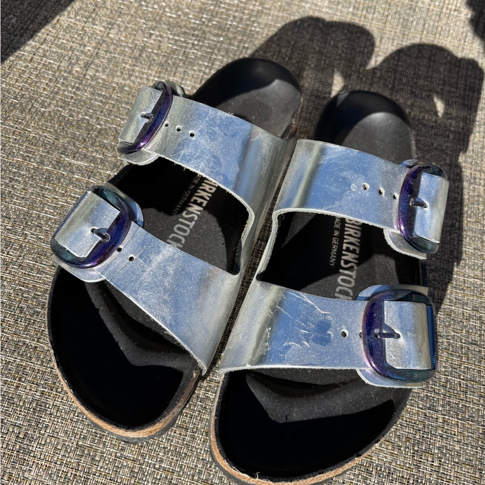 Birkenstock Two-Strap Iridescent Silver Sandals with Purple Accents